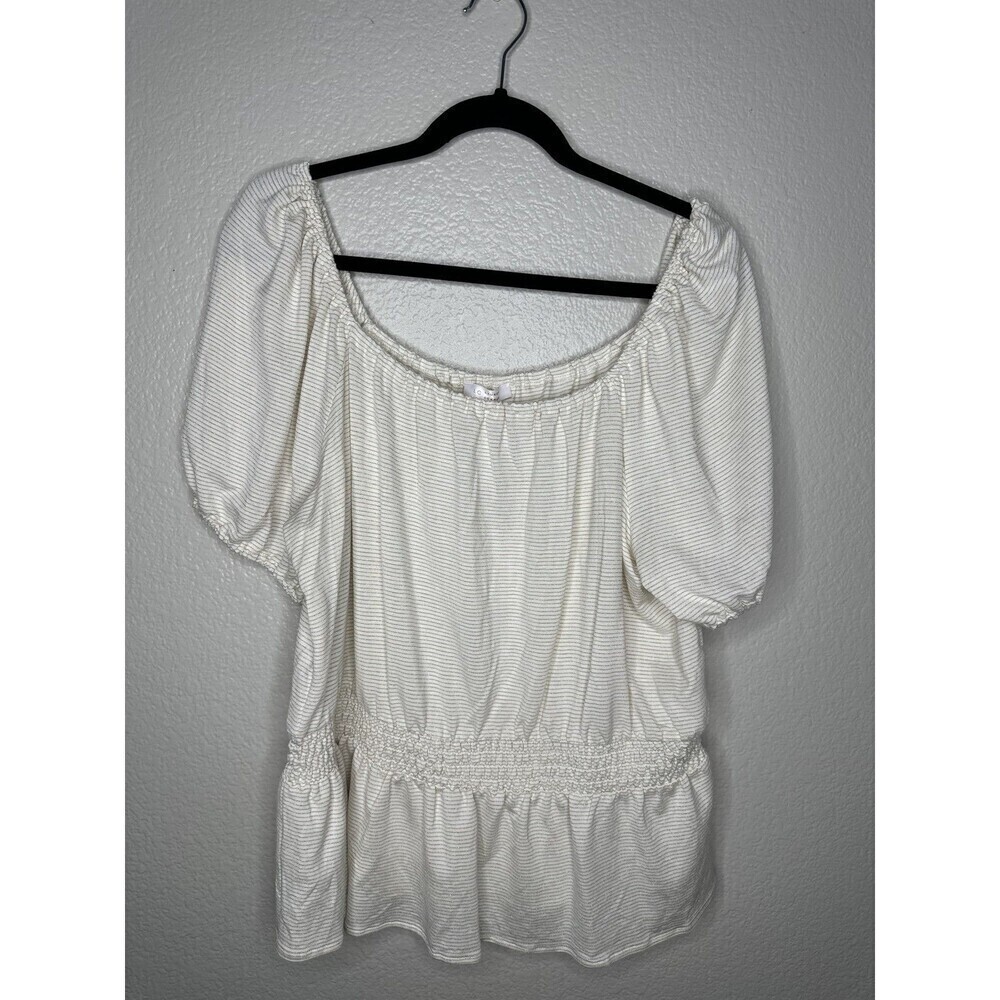 NEW Lauren Conrad Smocked Waist Top Womens 2XL White Marshmallow Metallic Stripe